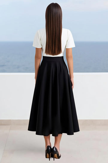 Ivory and Black A Line Satin Long Work Dress with Sleeves